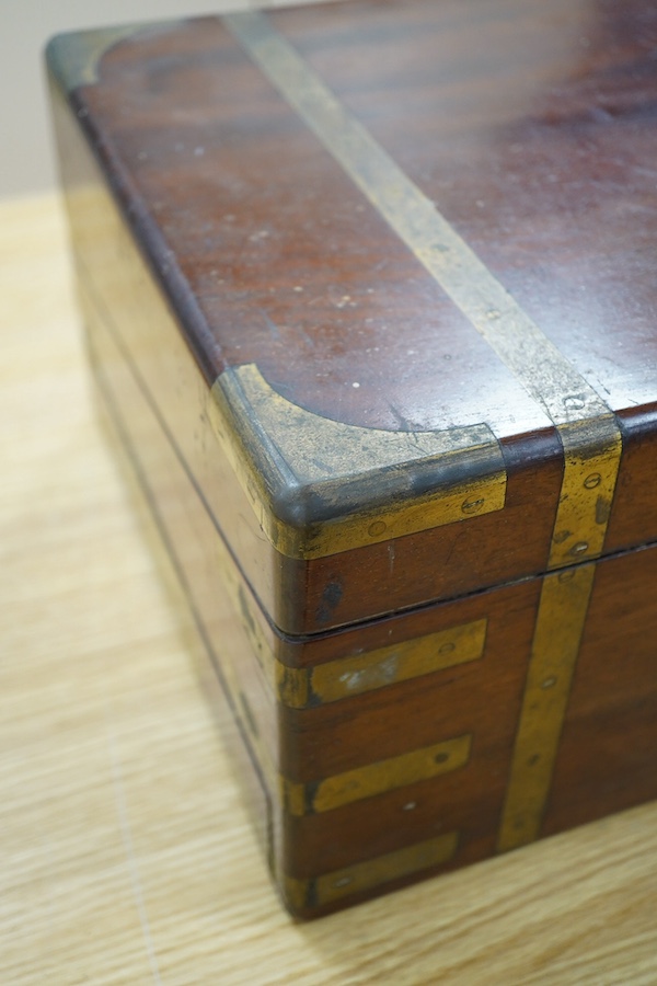 A Victorian brass bound mahogany writing slope, 50.5cm wide. Condition - poor